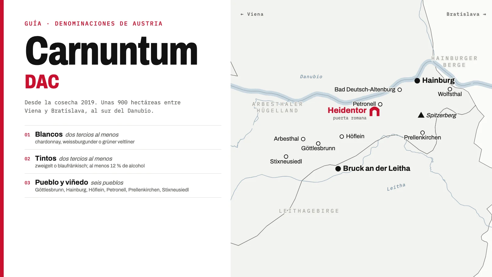 Mapa de la Carnuntum DAC: el sur del Danubio entre Viena y Bratislava con Göttlesbrunn, Höflein, Petronell, Hainburg, Prellenkirchen, el Spitzerberg y el Heidentor, y las reglas de la denominación
