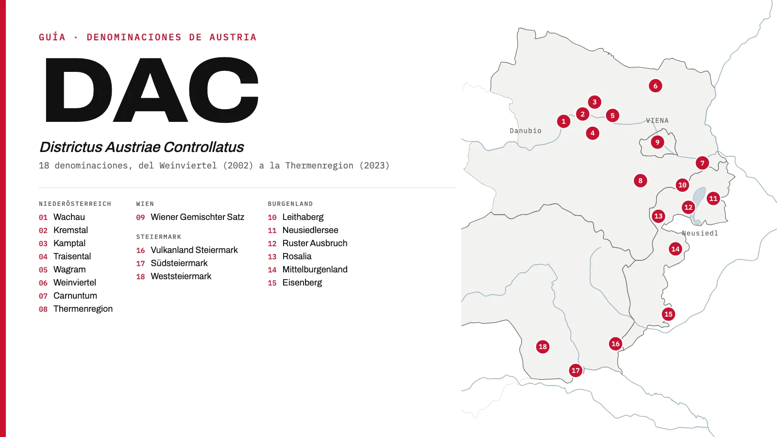 Mapa del este de Austria con las 18 DAC (Districtus Austriae Controllatus) numeradas: ocho en Niederösterreich, una en Viena, seis en el Burgenland y tres en Estiria