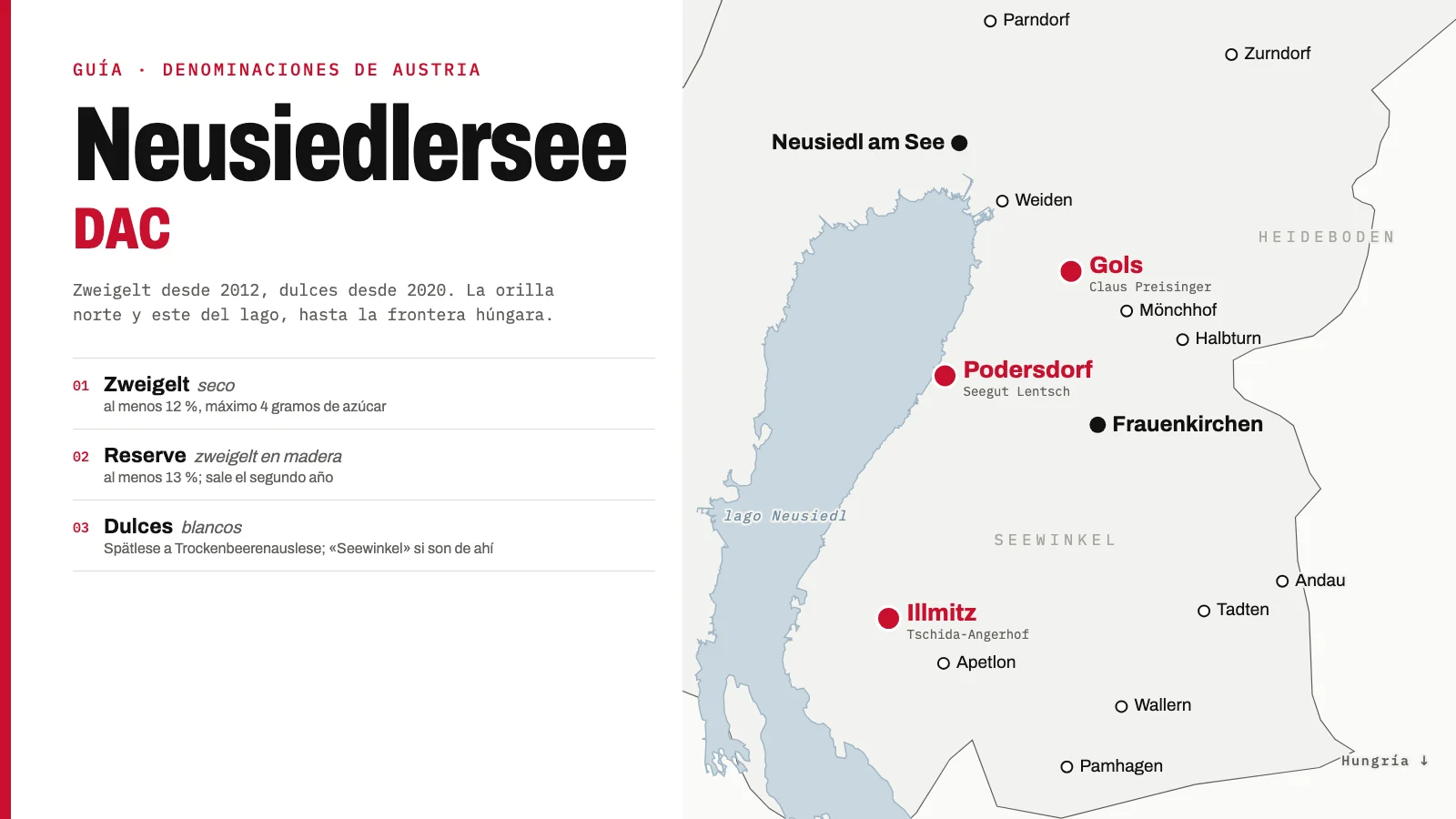Mapa de la Neusiedlersee DAC: la orilla norte y este del lago Neusiedl con Gols, Podersdorf e Illmitz, el Heideboden y el Seewinkel, y las tres caras de la denominación