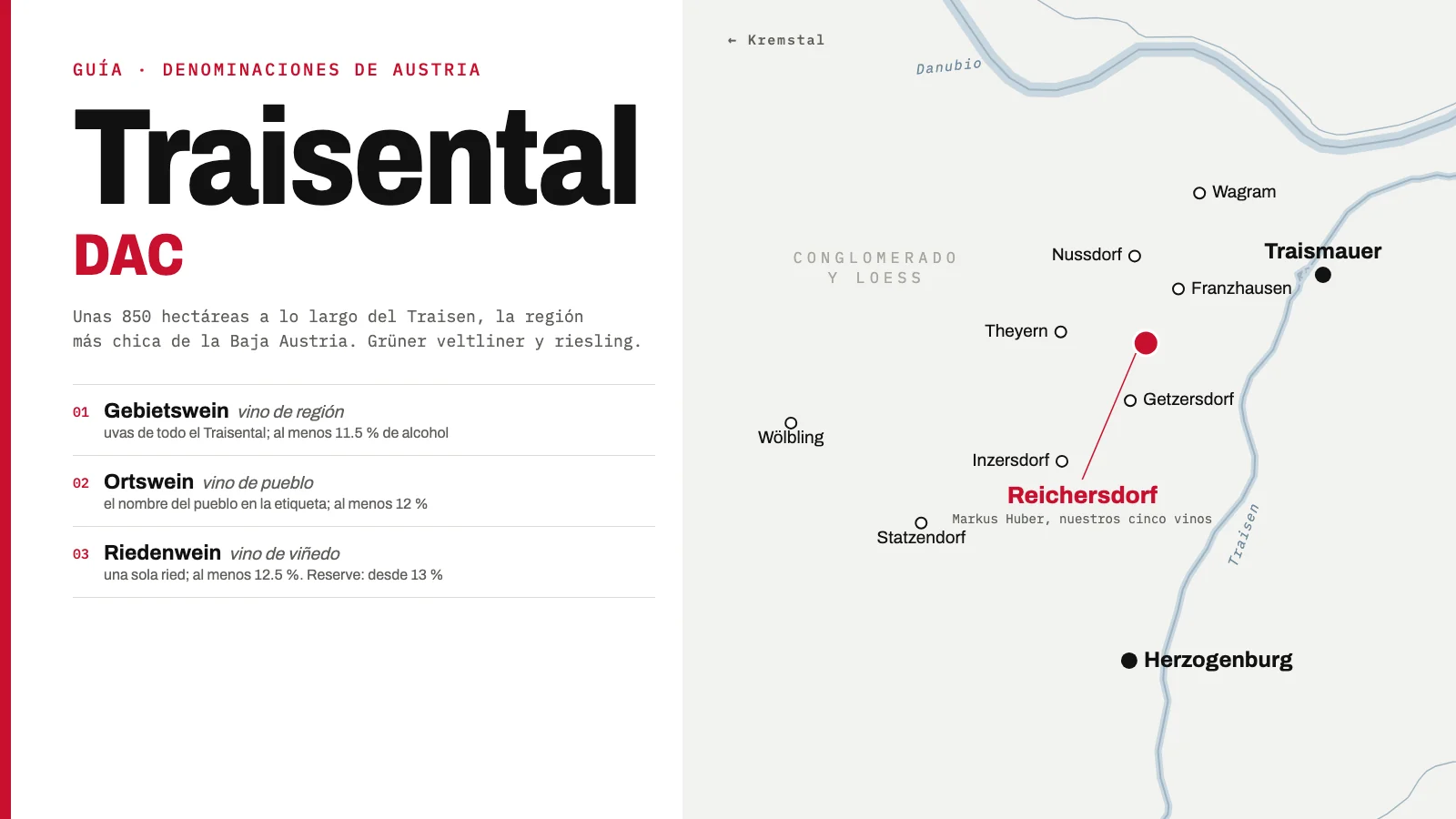 Mapa de la Traisental DAC: el río Traisen de Herzogenburg a Traismauer y el Danubio, con los pueblos de vino y Reichersdorf, y los niveles de la denominación