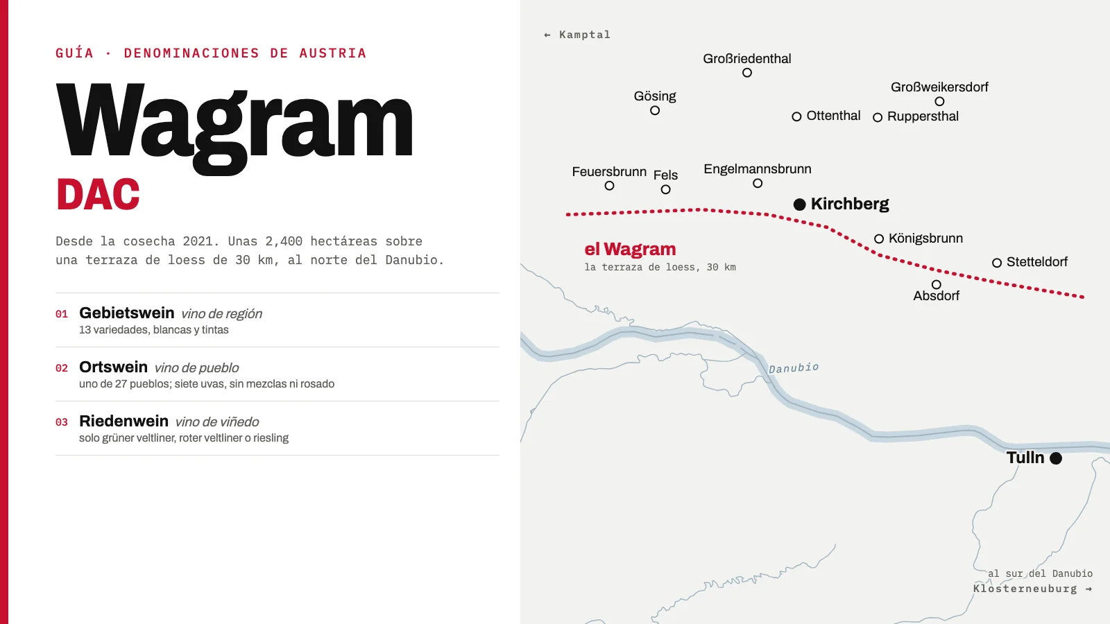 Mapa de la Wagram DAC: la terraza de loess al norte del Danubio con Kirchberg, Fels, Feuersbrunn y otros pueblos de la denominación, Tulln y Klosterneuburg, y los niveles de la denominación
