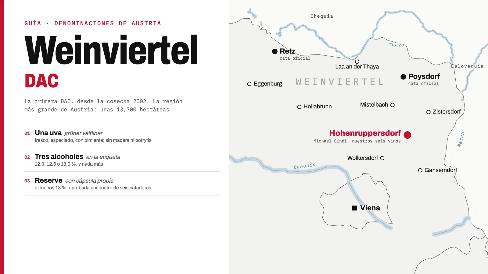 Mapa de la Weinviertel DAC: el noreste de Austria entre el Danubio, la frontera checa y la eslovaca, con Retz, Poysdorf, Viena y Hohenruppersdorf, y las reglas de la denominación