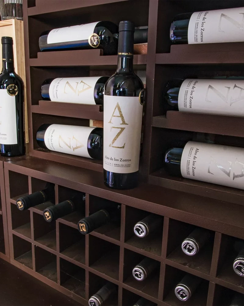 Botellas de Alto de los Zorros en los estantes de la bodega Solterra